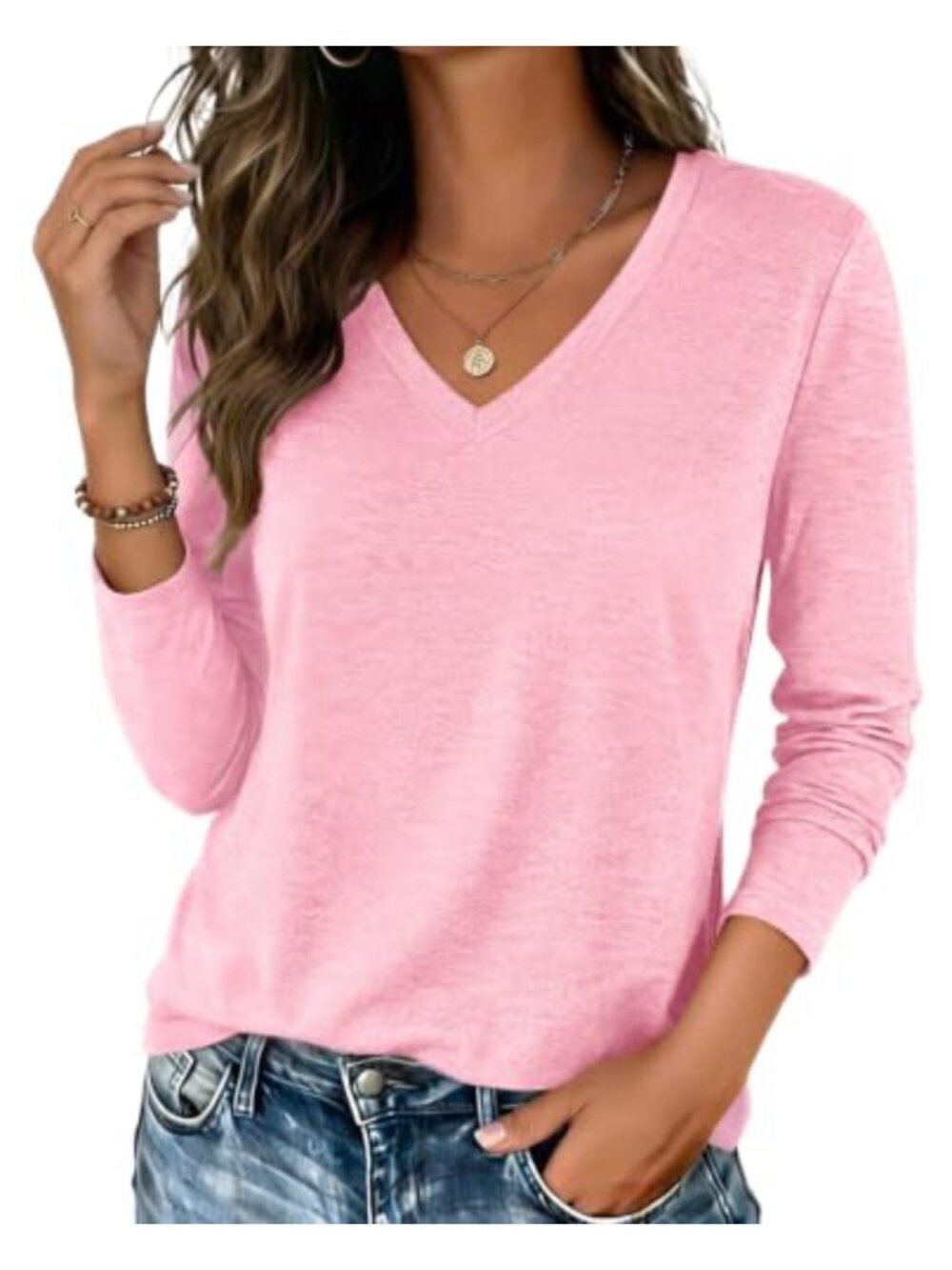 Womens Long Sleeve V Neck Top Loose Fit Casual T-Shirt